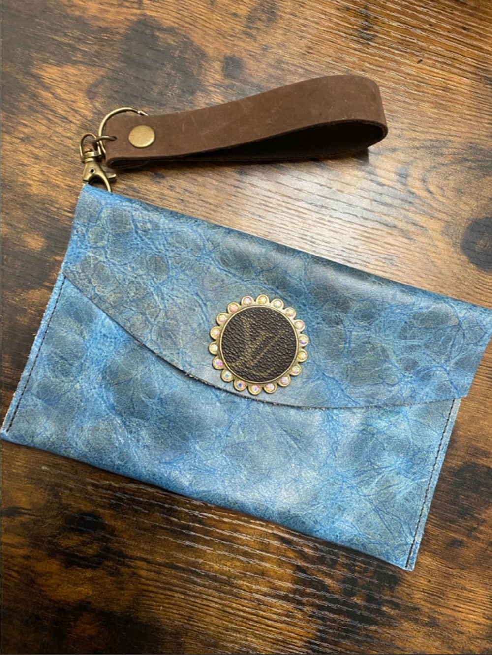 Keep it Gypsy Blue Leather Wristlet Clutch with Decorative Gold Emblem-NWOT